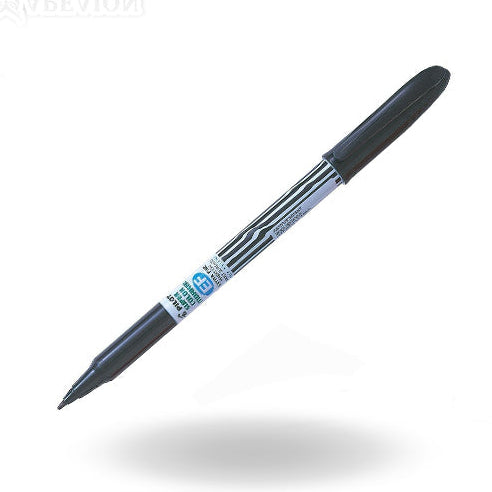 Black pen on a white background