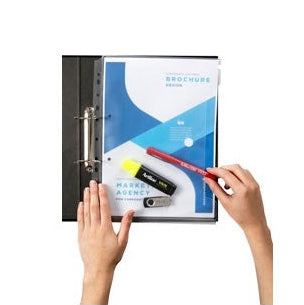 Person holding a three-ring binder with a blue and white cover, open to reveal stationery items.