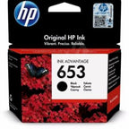 HP 653 ink cartridge packaging with black butterfly design on a red flower background