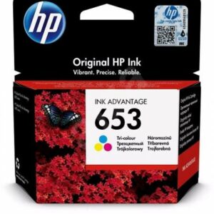 HP 653 ink cartridge packaging with colorful design and HP logo.