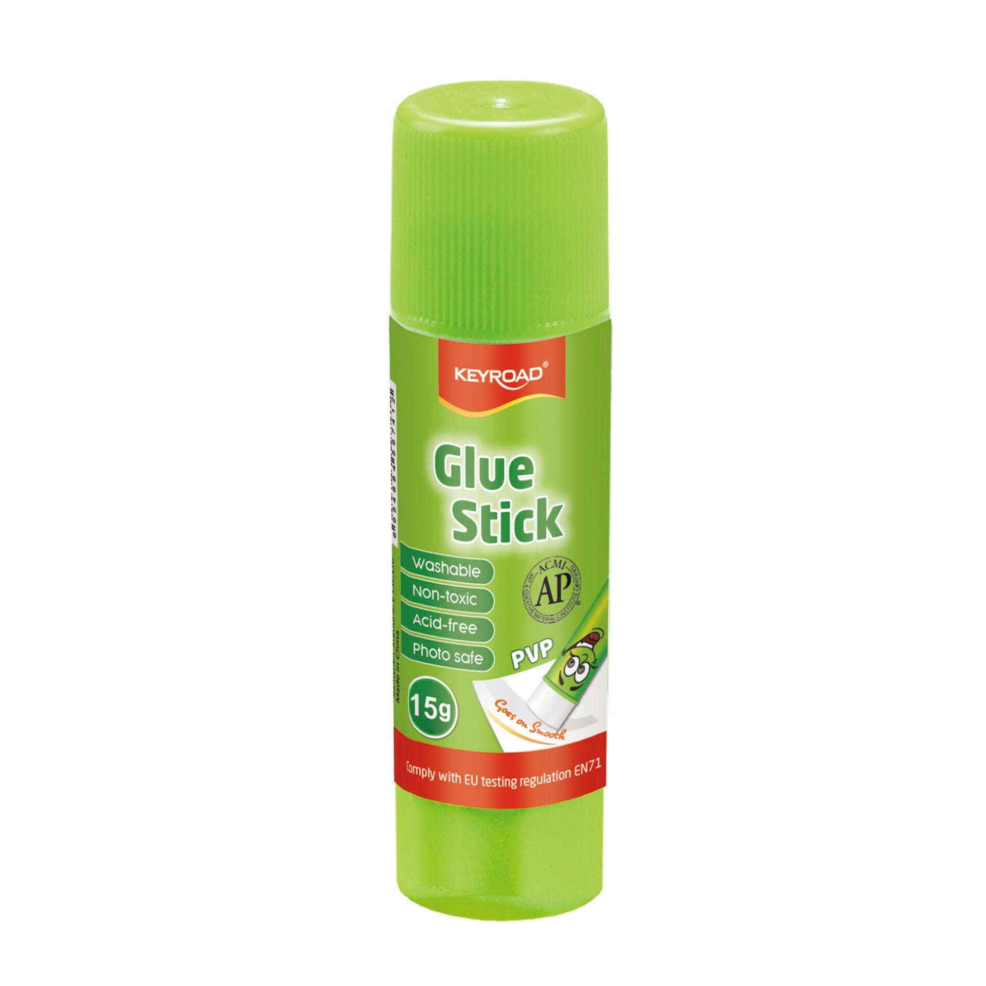 Green glue stick with a red label on a white background