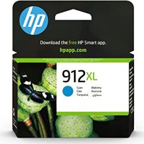 HP 912XL ink cartridge packaging with blue and green design on a black background