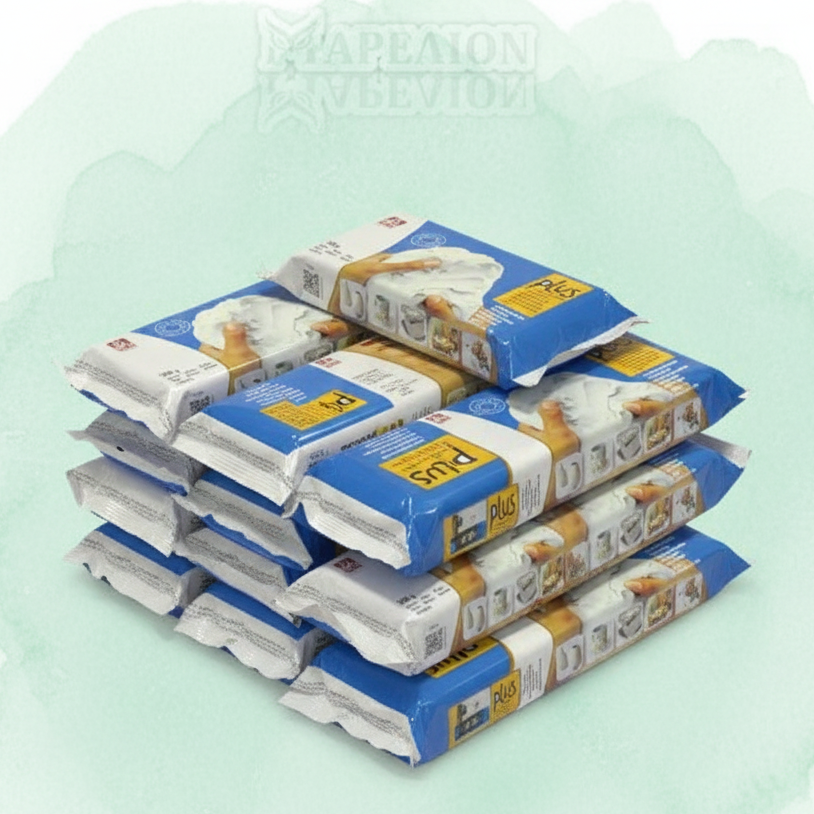 Stack of packages with a light green watercolor effect overlay