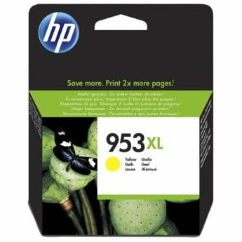HP 953XL yellow ink cartridge packaging with green leaves in the background
