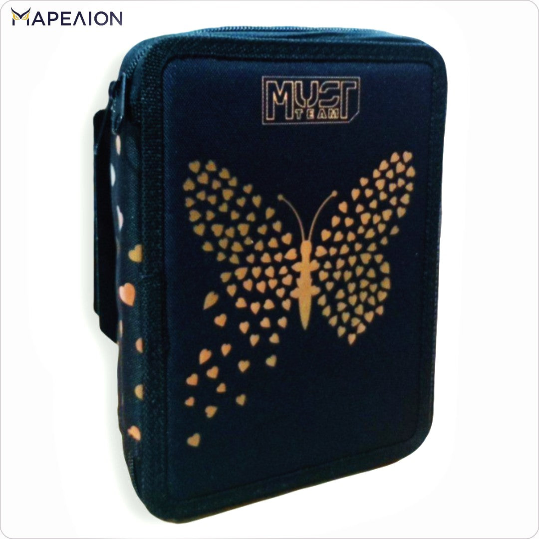 ΚΑΣΕΤΙΝΑ Gold Butterfly ΓΕΜΑΤΗ 2 ΦΕΡΜΟΥΑΡ , Must PENCIL CASE 2 ZIP,  ΣΧΟΛΙΚΗ ΚΑΣΕΤΙΝΑ ΔΙΠΛΗ ΓΕΜΑΤΗ