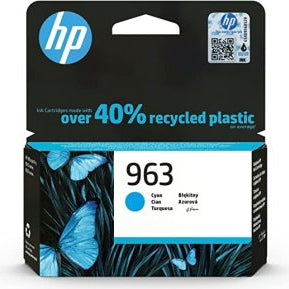 HP 963 cyan ink cartridge packaging with butterfly design on a black background