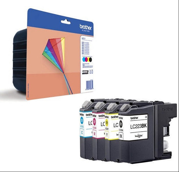 Brother ink cartridges with packaging on a white background