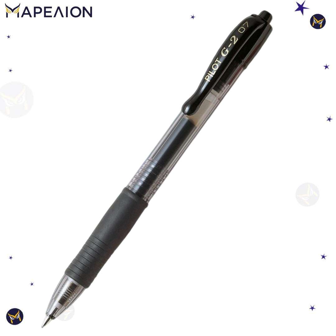 Black pen with visible branding on a white background