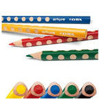 Four colored pencils with polka dot designs on a white background