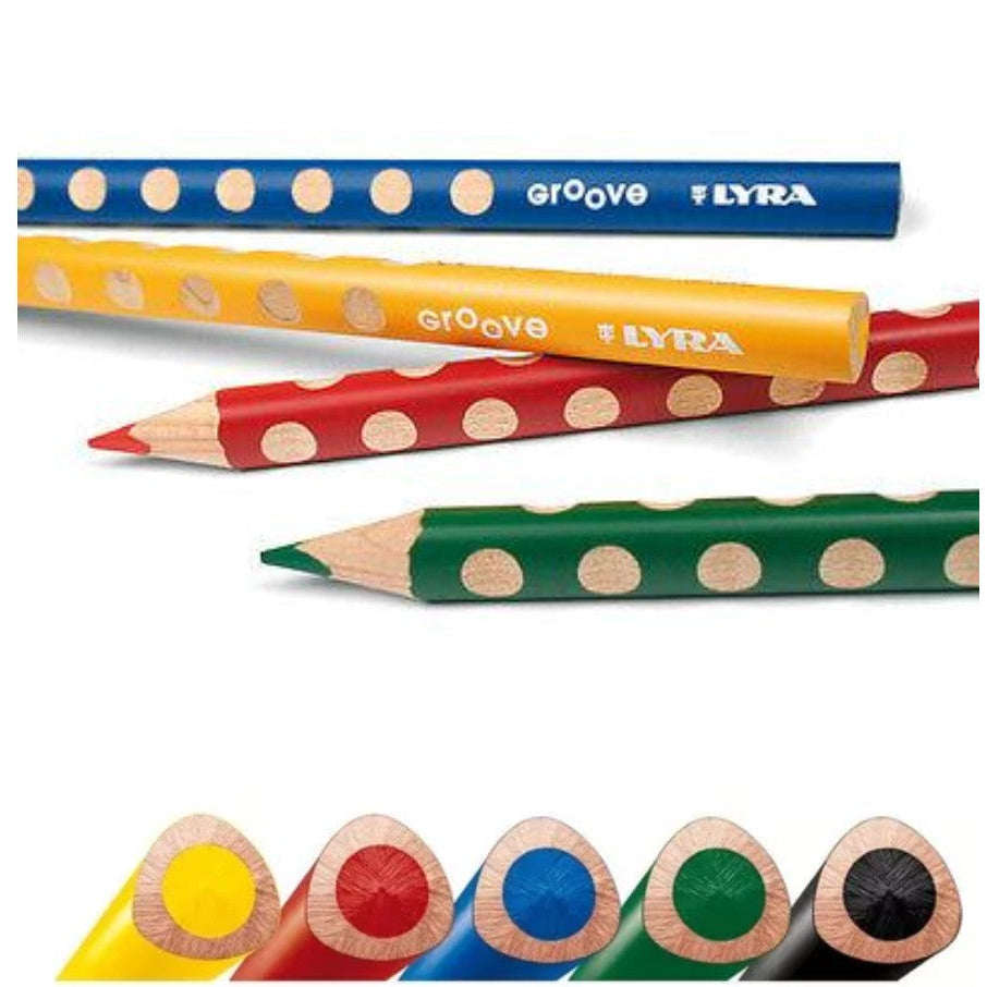 Four colored pencils with polka dot designs on a white background