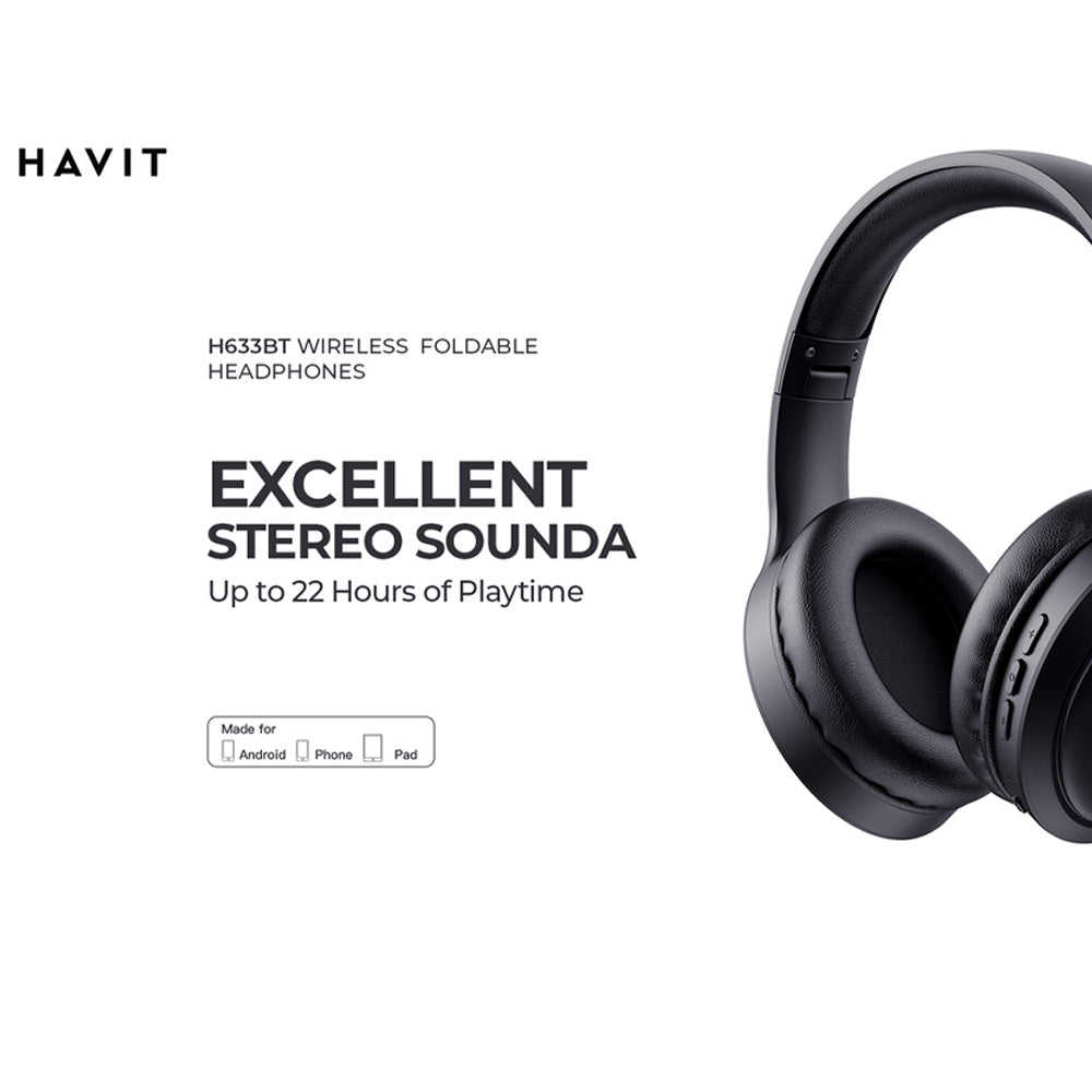 Havit H633BT Wireless Bluetooth Headphones BLACK | Over-Ear Design, Deep Bass, 20H Playtime, Foldable & Lightweight, Bluetooth 5.3, Built-in Microphone Headsets, for TV, iPhone, Gym, Running ΑΣΥΡΜΑΤΑ ΑΚΟΥΣΤΙΚΑ
