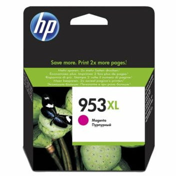 HP 953XL yellow ink cartridge packaging with green leaves in the background