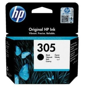HP 305 black ink cartridge packaging with butterfly design on a black background