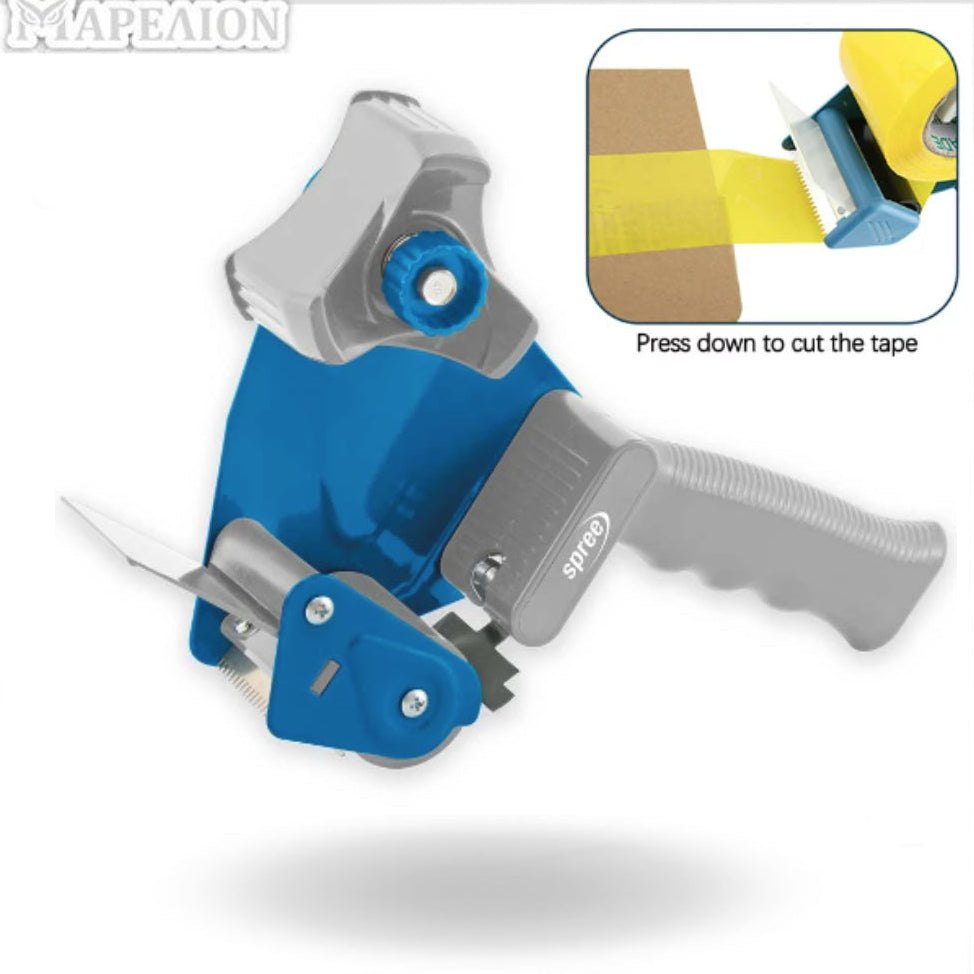 Tape dispenser with blue and gray design on a white background