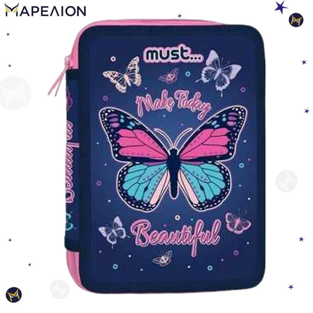Κασετίνα για κορίτσι γεμάτη 2 φερμουάρ Must Pencil Case 2 Zip Κασετίνα Butterflies διπλή γεμάτη