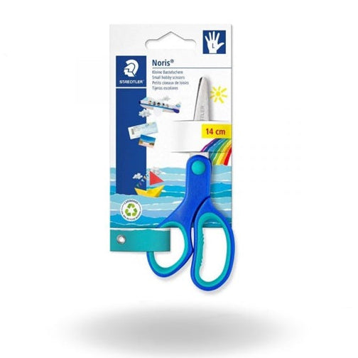 Blue children's scissors in packaging with Staedtler branding on a white background