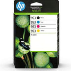 HP 953 ink cartridge packaging with black, cyan, magenta, and yellow cartridges on a white background