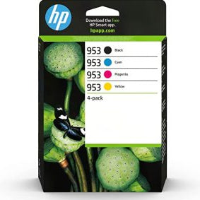 HP 953 ink cartridge packaging with black, cyan, magenta, and yellow cartridges on a white background