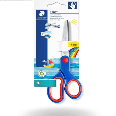 Packaged children's scissors with blue handles and red accents on a white background