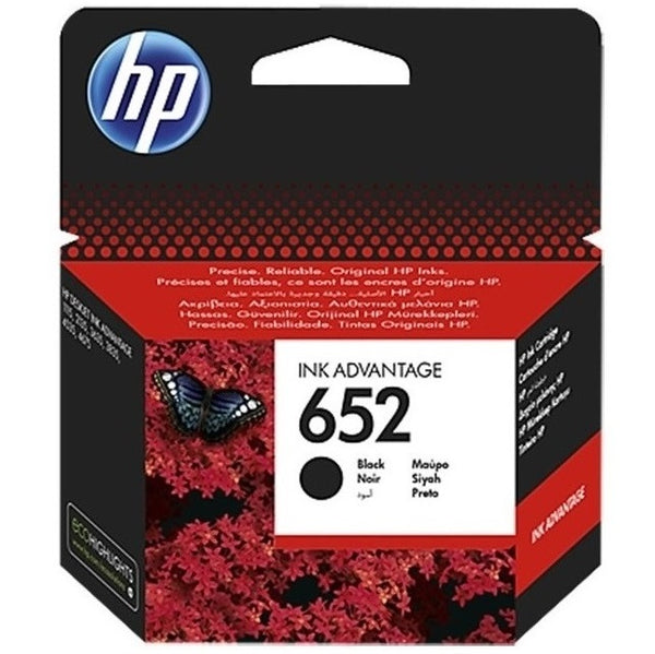 HP 652 black ink cartridge packaging with red and black design