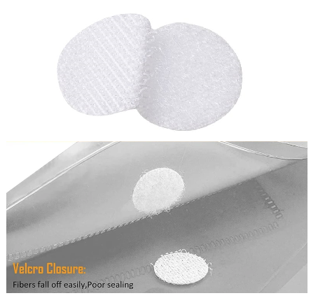 White Velcro patches on a clear surface with text indicating issues with the Velcro closure.