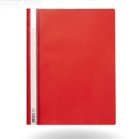 Red notebook with a white border on a light gray background