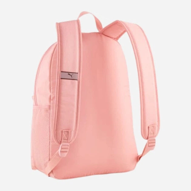 Pink backpack with a visible brand logo on a light gray background