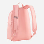 Pink backpack with a visible brand logo on a light gray background