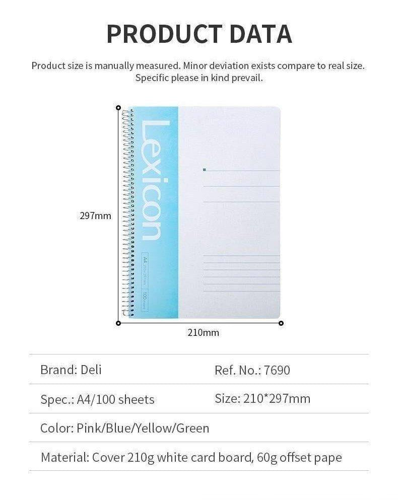 Deli A4 Spiral Soft Cover Ruled Notebook 80 / 100 Sheets - Τετράδιο Σπίραλ Γραμμές - σε 4 Χρωματισμούς