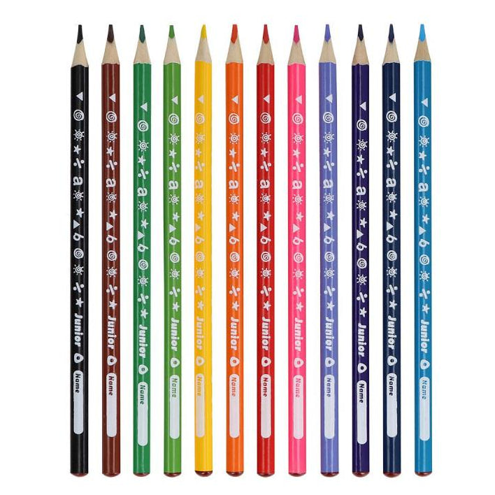 Set of colored pencils with decorative designs on a white background