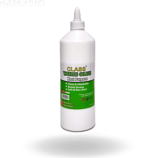 White bottle of Class All-Purpose white Glue with green label on a white background