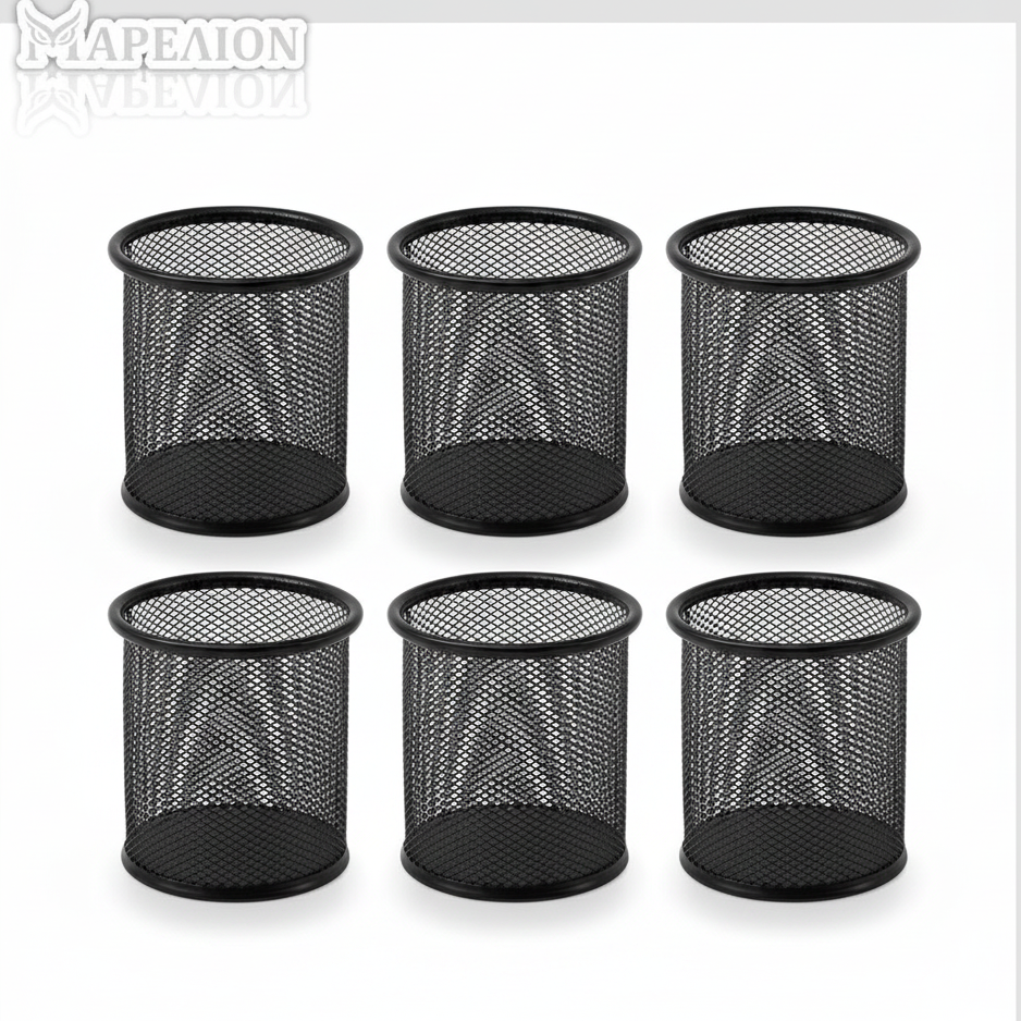 Six black mesh pencil holders on a white background with 'Mapeion' branding.