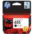 HP 655 black ink cartridge packaging with butterfly design on a red background