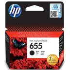 HP 655 black ink cartridge packaging with butterfly design on a red background