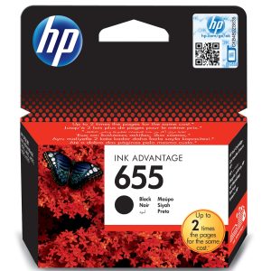 HP 655 black ink cartridge packaging with butterfly design on a red background