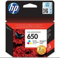 HP 650 ink cartridge packaging with butterfly design on a red background