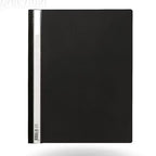 Black notebook with a white strip on a light gray background