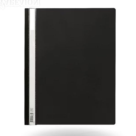 Black notebook with a white strip on a light gray background