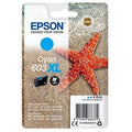 Epson 603XL cyan ink cartridge packaging with starfish design on sand background