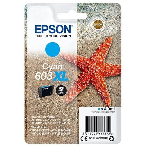 Epson 603XL cyan ink cartridge packaging with starfish design on sand background