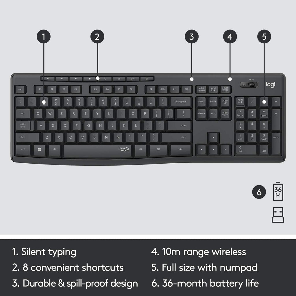 Logitech Keyboard+Mouse Set Wireless MK295 US Silent Black (920-009800) , Σετ  Πληκτρολόγιο και ποντίκι