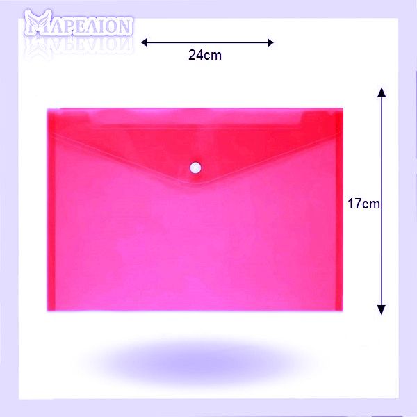 Pink envelope with dimensions labeled on a light purple background