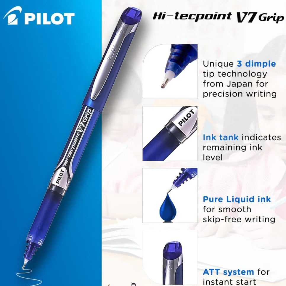 Pilot Hi-tecpoint V7 Grip pen with features highlighted on a blue and white background
