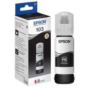 Epson 103 photo black ink bottle and packaging on a white background