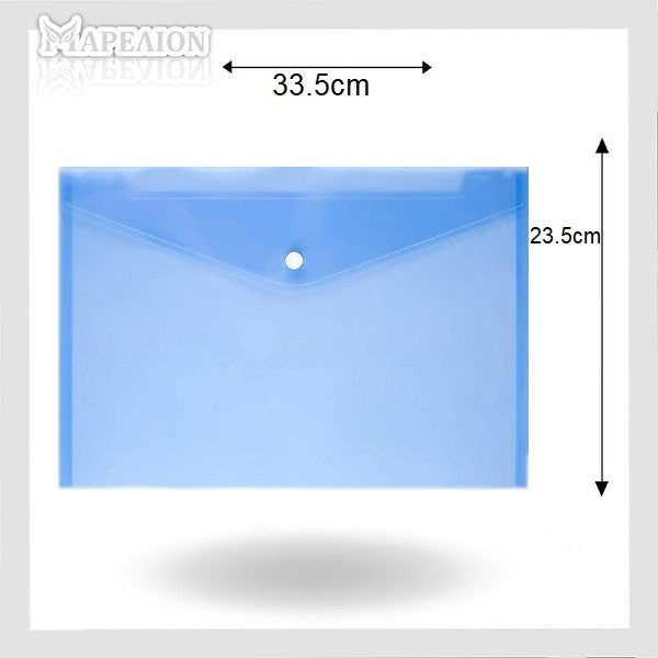 Clear plastic envelope with dimensions labeled on a white background