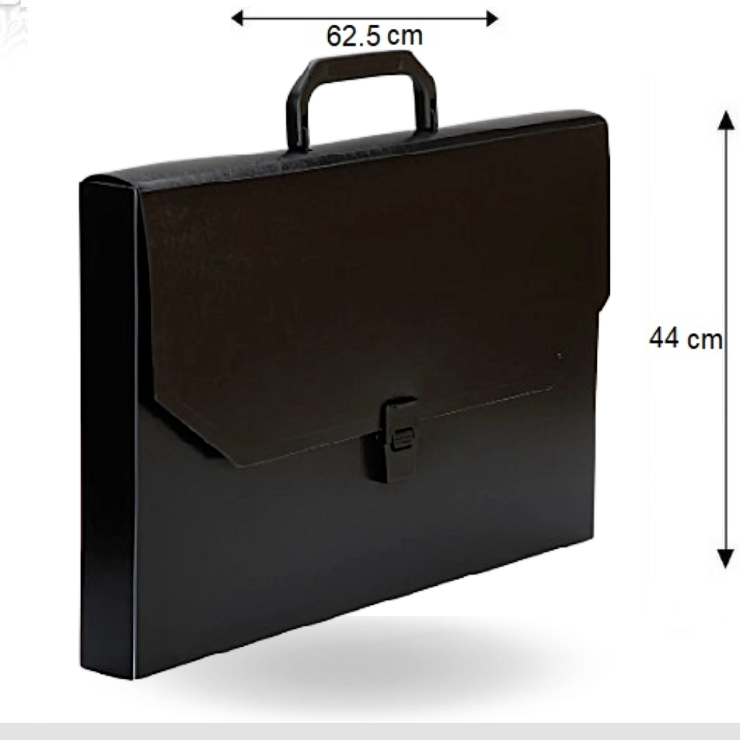 Black briefcase with dimensions indicated on a white background