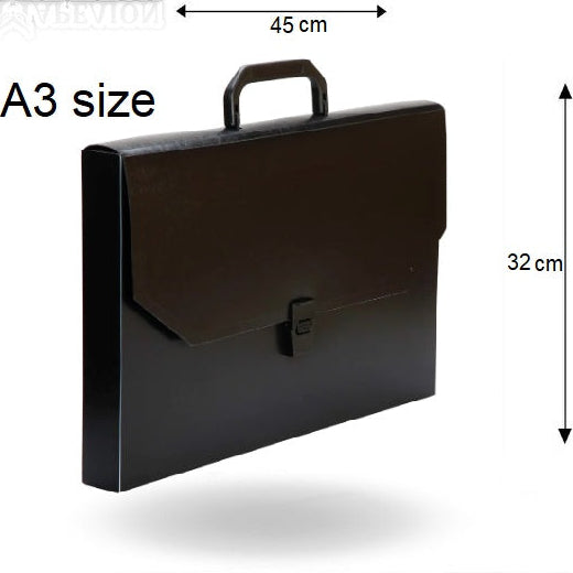 Black briefcase with dimensions labeled on a white background