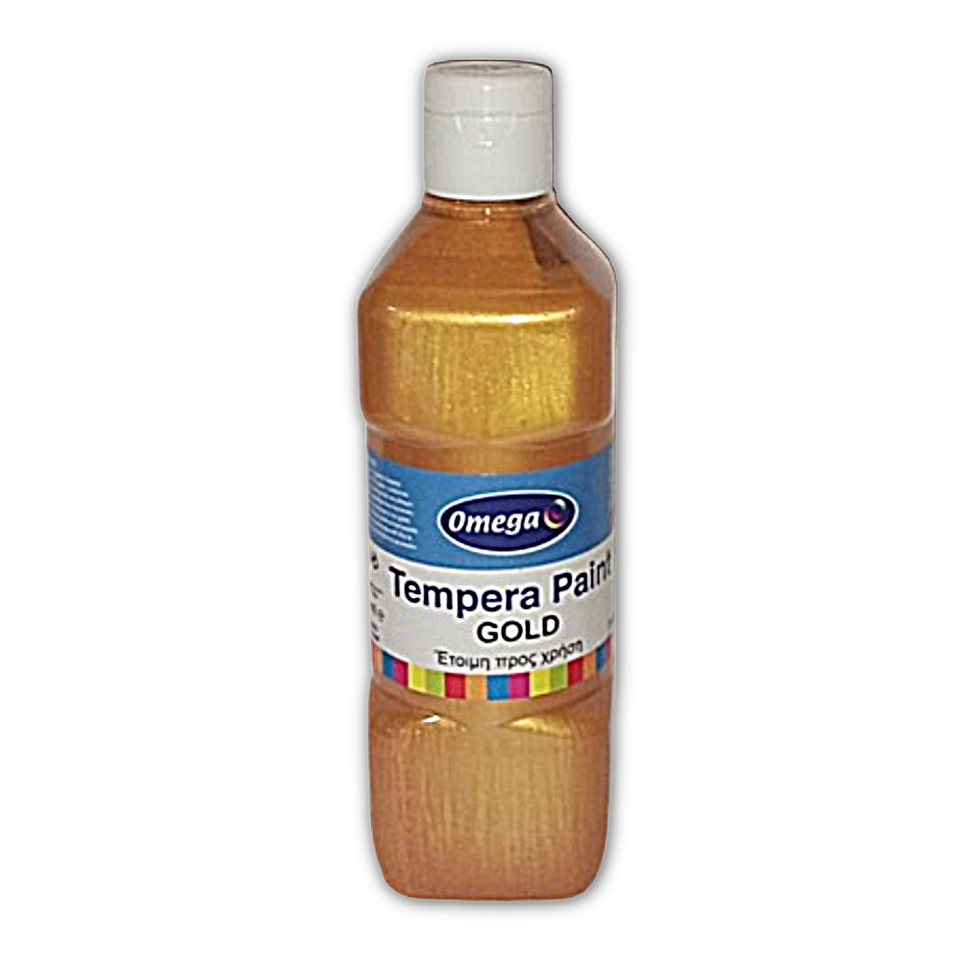 Bottle of gold tempera paint with Omega brand label on a white background