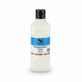 Bottle of white tempera paint with a label on a white background