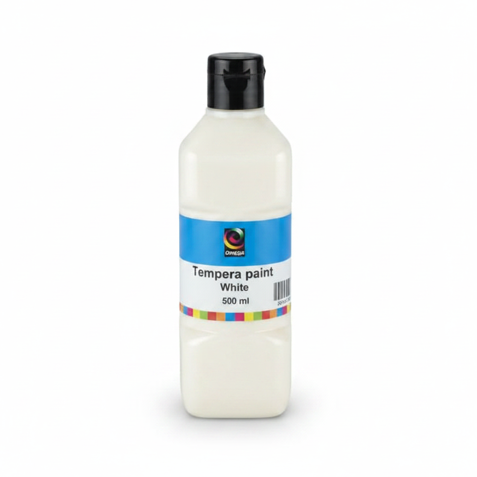 Bottle of white tempera paint with a label on a white background